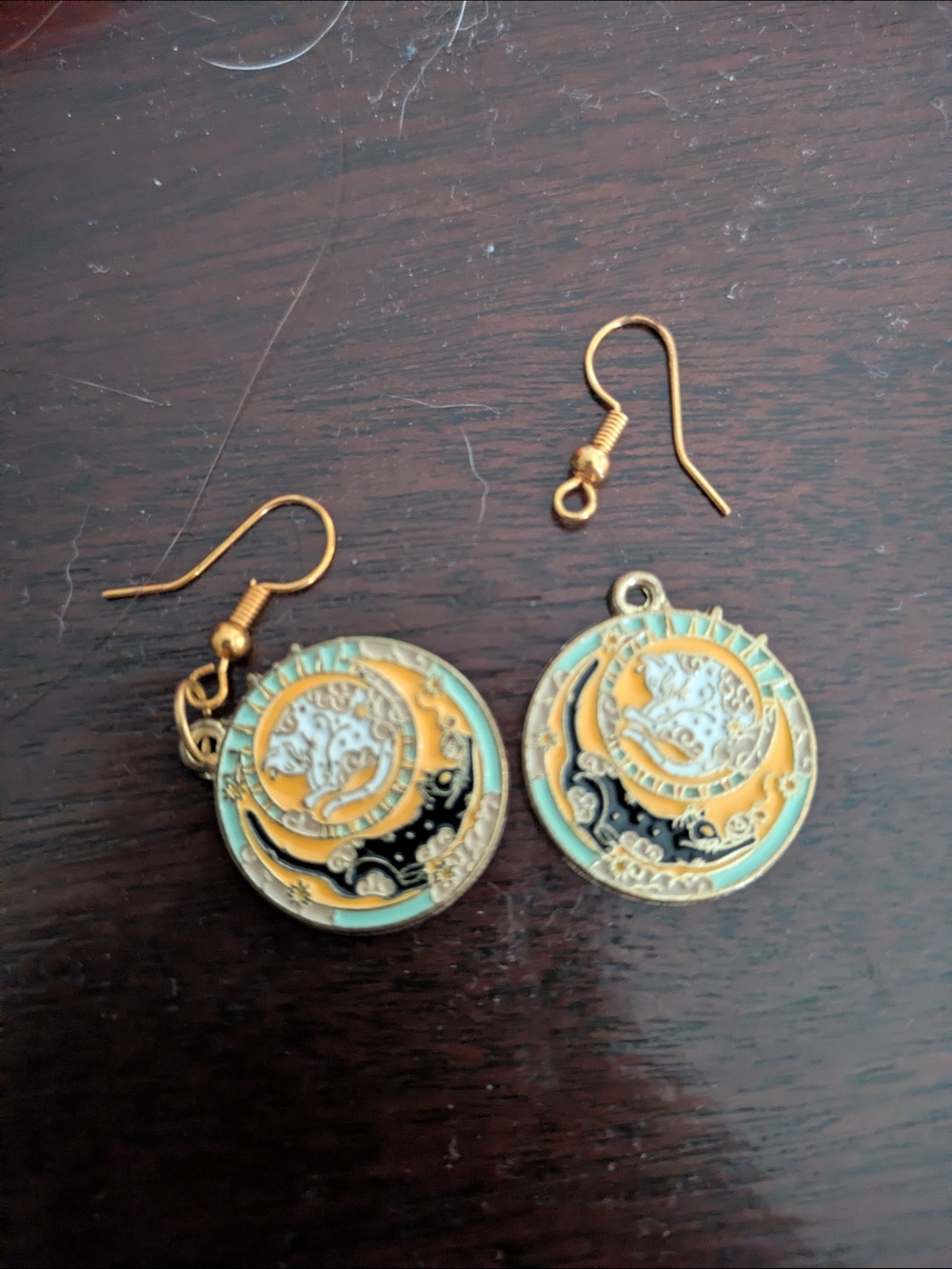 Embossed Cat Earrings Dangle Drop Medallion Black Cat White Cat Flawed